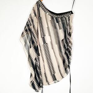 Ark & Co Tribal Asymmetrical One-shoulder Beaded Cover-up Blouse Top Black Cream
